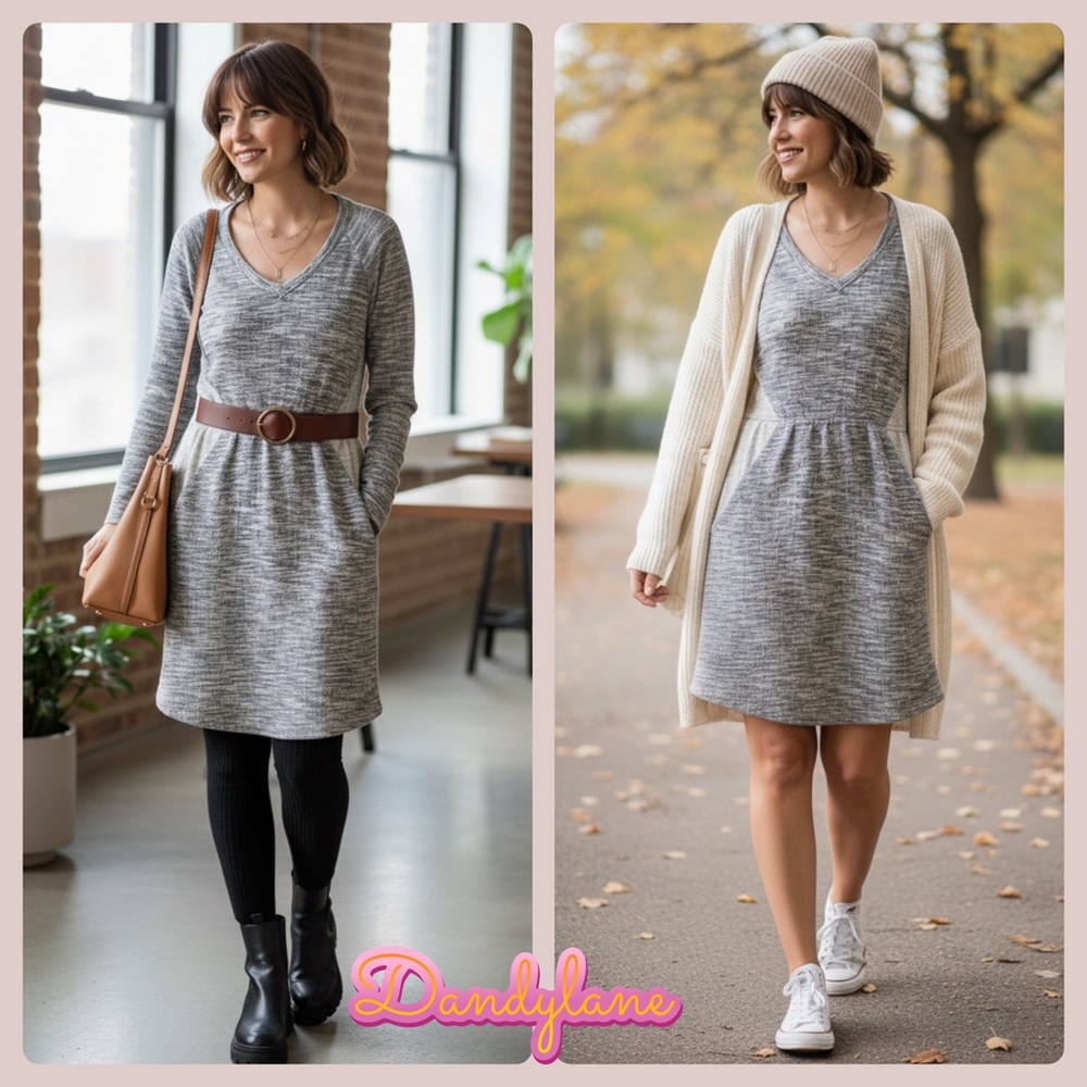 ANTHROPOLOGIE  Saturday Sunday Long Sleeve Marled  Pockets V Neck  Dress Size XS